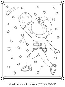 Cute astronaut playing moon ball in space suitable for children's coloring page vector illustration