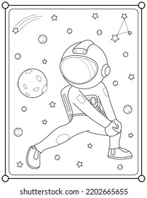 Cute astronaut playing moon ball in space suitable for children's coloring page vector illustration