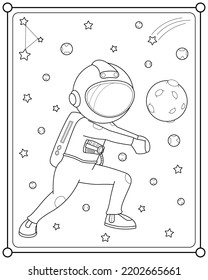 Cute astronaut playing moon ball in space suitable for children's coloring page vector illustration