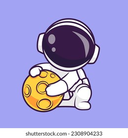 Cute Astronaut Playing Moon Ball Cartoon Vector Icon Illustration. Science Technology Icon Concept Isolated Premium Vector. Flat Cartoon Style