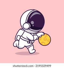 Cute Astronaut Playing Moon Basket Cartoon Vector Icon Illustration Science Sport Icon Concept Isolated Premium Vector. Flat Cartoon Style