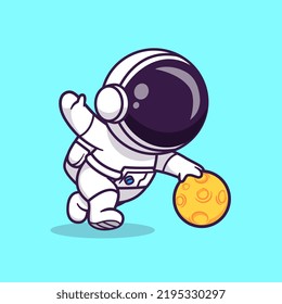 Cute Astronaut Playing Moon Basket Cartoon Vector Icon Illustration Science Sport Icon Concept Isolated Premium Vector. Flat Cartoon Style