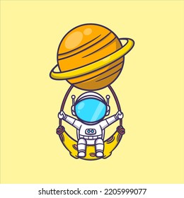 Cute astronaut playing on a swing surrounded by planets cartoon vector icon illustration