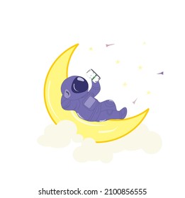 cute astronaut playing phone  with cloud and stars icon, vector, illustration