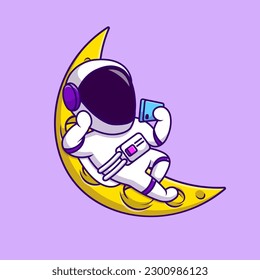Cute Astronaut Playing Phone On Moon Cartoon Vector Icons Illustration. Flat Cartoon Concept. Suitable for any creative project.
