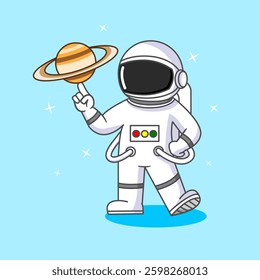 Cute Astronaut Playing Planet Ball on His Finger, Vector Illustration Cartoon Design