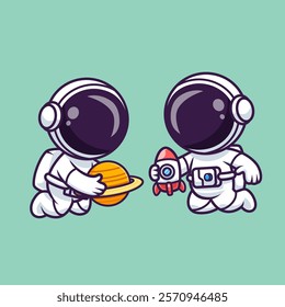 Cute Astronaut Playing With Planet And Rocket Toy Cartoon 
Vector Icon Illustration. Science Technology Icon Concept 
Isolated Premium Vector. Flat Cartoon Style 