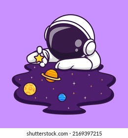 Cute Astronaut Playing Planet And Star In Space Cartoon Vector Icon Illustration Science Technology Icon Concept Isolated Premium Vector. Flat Cartoon Style