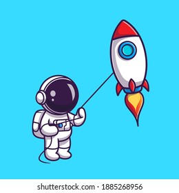 Cute Astronaut Playing Rocket Kite Cartoon Vector Icon Illustration. Science Technology Icon Concept Isolated Premium Vector. Flat Cartoon Style