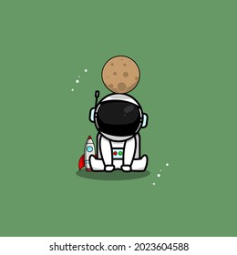 Cute Astronaut playing rocket and moon Cartoon Vector Icon Illustration. Science Technology Icon Concept Isolated Premium Vector. Flat Cartoon Style

