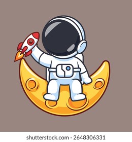 Cute Astronaut Playing Rocket On Moon Cartoon Vector Icon Illustration. Science Technology Icon Concept Isolated Premium Vector. Flat Cartoon Style