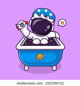 Cute Astronaut playing Rocket Toy In Bath Tub Cartoon Vector Icon Illustration. Science Technology Icon Concept Isolated Premium Vector. Flat Cartoon Style