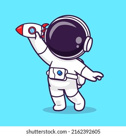 Cute Astronaut spielen Rocket Toy Cartoon Vektorsymbol Illustration Science Technology Icon Concept Isolated Premium Vector. Flachbildkartonstil