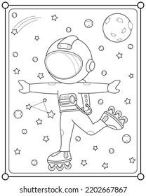 Cute astronaut playing rollerblade in space suitable for children's coloring page vector illustration