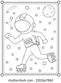 Cute astronaut playing rollerblade in space suitable for children's coloring page vector illustration