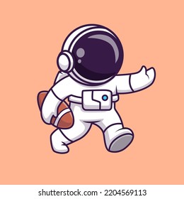 Cute Astronaut Playing Rugby Ball Cartoon Vector Icon Illustration. Science Sport Icon Concept Isolated Premium Vector. Flat Cartoon Style