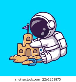 Cute Astronaut Playing Sand Castle in Beach Cartoon Vector Icon Illustration. Science Holiday Icon Concept Isolated Premium Vector. Flat Cartoon Style