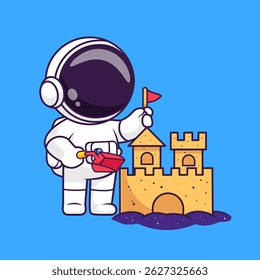 Cute Astronaut Playing Sand Castle In Beach Cartoon Vector Icon Illustration. Science Holiday Icon Concept Isolated Premium Vector. Flat Cartoon Style