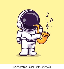 Cute Astronaut Playing Saxophone Music Cartoon Vector Icon Illustration. Science Music Icon Concept Isolated Premium Vector. Flat Cartoon Style