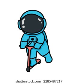 cute astronaut playing with scooter