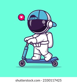 Cute Astronaut Playing Scooter Cartoon Vector Icon Illustration. Science Transportation Icon Concept Isolated Premium Vector. Flat Cartoon Style