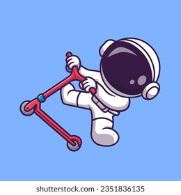 Ilustración Del Icono Del Vector De Caricaturas De Scooter De Cute Astronauta Jugando Scooter. Concepto de icono de transporte de ciencia Vector Premium aislado. Estilo de dibujo plano