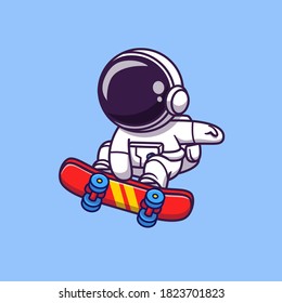 Cute Astronaut Playing Skateboard Cartoon Vector Icon Illustration. Space Sport Icon Concept Isolated Premium Vector. Flat Cartoon Style