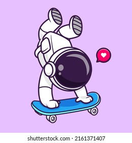 Cute Astronaut Playing Skateboard Cartoon Vector Icon Illustration. Science Sports Icon Concept Isolated Premium Vector. Flat Cartoon Style