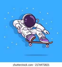 Cute Astronaut Playing Skateboard Cartoon Vector Icon Illustration. Space Sport Icon Concept Isolated Premium Vector. Flat Cartoon Style