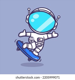 Cute astronaut playing skateboard cartoon vector icon illustration