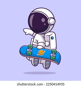 Cute Astronaut Playing Skateboard Cartoon Vector Icon Illustration. Science Sport Icon Concept Isolated Premium Vector. Flat Cartoon Style