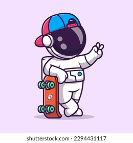 Cute Astronaut Playing Skateboard Cartoon Vector Icon Illustration. Science Sport Icon Concept Isolated Premium Vector. Flat Cartoon Style