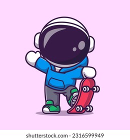 Cute Astronaut Playing Skateboard Cartoon Vector Icon Illustration. Science Sports Icon Concept Isolated Premium Vector. Flat Cartoon Style