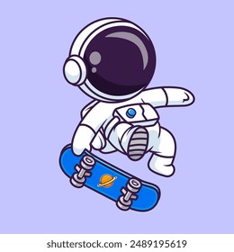 Cute Astronaut Playing Skateboard Cartoon Vector Icon Illustration. Science Sport Icon Concept Isolated Premium Vector. Flat Cartoon Style