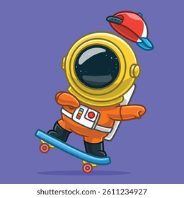 Cute Astronaut Playing Skateboard Cartoon Vector Icon Illustration. Space Sport Icon Concept Isolated Premium Vector. Flat Cartoon Style