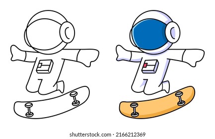 cute astronaut playing skateboard coloring page for kids