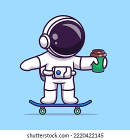 Cute Astronaut Playing Skateboard With Cup Coffee Cartoon Vector Icon Illustration. Science Drink Icon Concept Isolated Premium Vector. Flat Cartoon Style