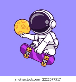 Cute Astronaut Playing Skateboard With Moon In Space Cartoon Vector Icon Illustration. Science Sport Icon Concept Isolated Premium Vector. Flat Cartoon Style