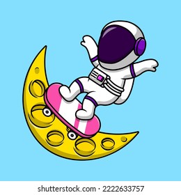 Cute Astronaut Playing Skateboard On Moon Cartoon Vector Icons Illustration. Flat Cartoon Concept. Suitable for any creative project.