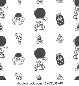 Cute Astronaut playing skateboard seamless pattern, drawings, doodles, print art