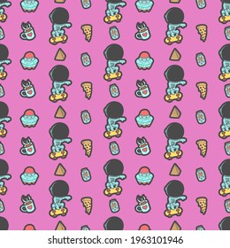 Cute Astronaut playing skateboard seamless pattern, drawings, doodles, print art