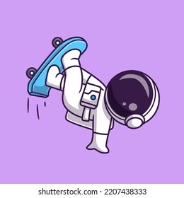 Cute Astronaut Playing Skateboard In Space Cartoon Vector Icon Illustration. Science Sport Icon Concept Isolated Premium Vector. Flat Cartoon Style