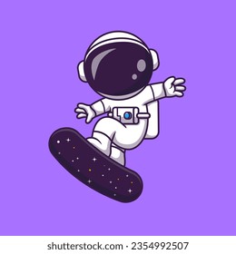 Cute Astronaut Playing Skateboard Space Cartoon Vector Icon Illustration. Science Holiday Icon Concept Isolated Premium Vector. FlatCartoon Style