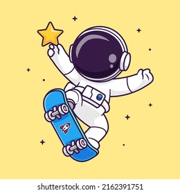 Cute Astronaut Playing Skateboard With Star Cartoon Vector Icon Illustration Science Sport Icon Concept Isolated Premium Vector. Flat Cartoon Style