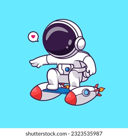 Astronauta Astronauta Cuidada Jugando Esquí Con Cohetes En Ilustración De Icono Vector De Caricatura Espacial.  Concepto de icono de la tecnología de la ciencia Vector Premium aislado. Estilo de dibujo plano