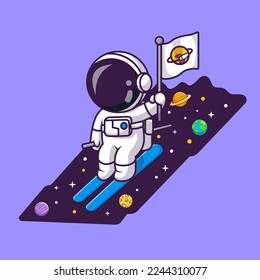 Cute Astronaut Playing Ski Space with Flag Cartoon Vector Icon Illustration. Science Sport Icon Concept Isolated Premium Vector. Flat Cartoon Style