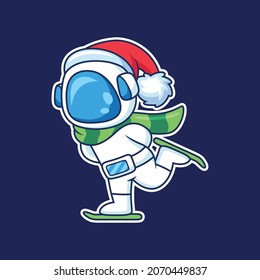 Cute astronaut playing skiing cartoon