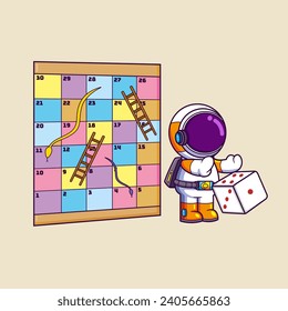 Astronauta lindo jugando a las serpientes y las escaleras tirando los dados de la ilustración