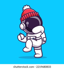 Cute Astronaut Playing Snowball In Winter Cartoon Vector Icon Illustration. Science Technology Icon Concept Isolated Premium Vector. Flat Cartoon Style