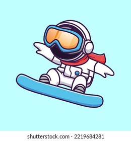 Cute Astronaut Playing Snowboard Cartoon Vector Icon Illustration. Science Sport Icon Concept Isolated Premium Vector. Flat Cartoon Style